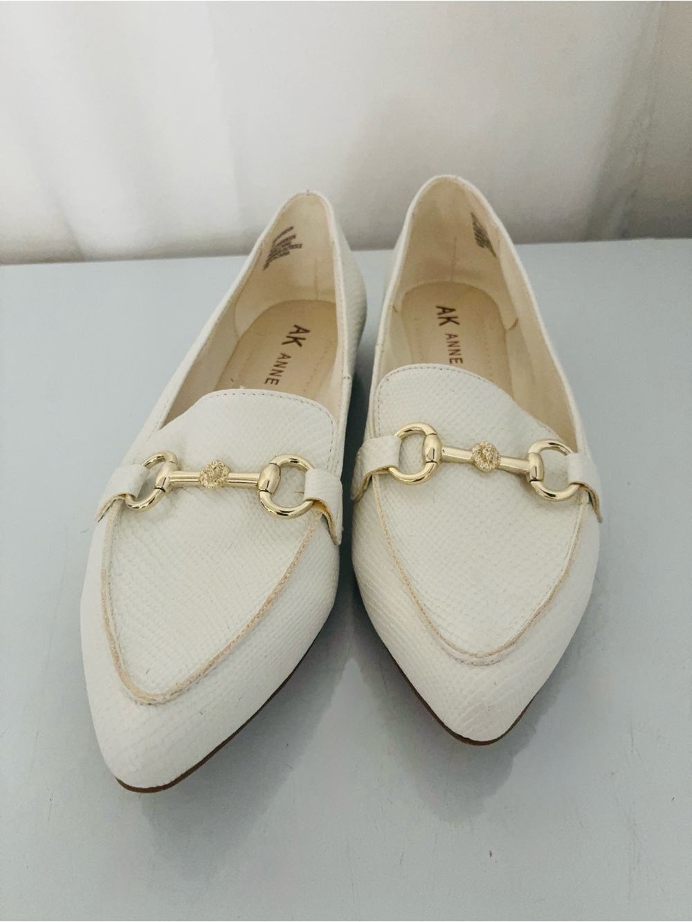 Anne Klein Cream Pointed-Toe Loafers with Gold Horsebit
